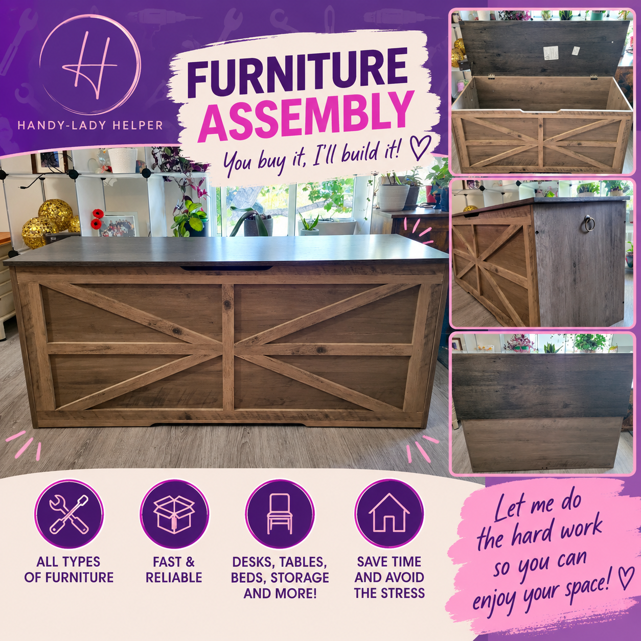 Furniture assembly by Handy-Lady Helper