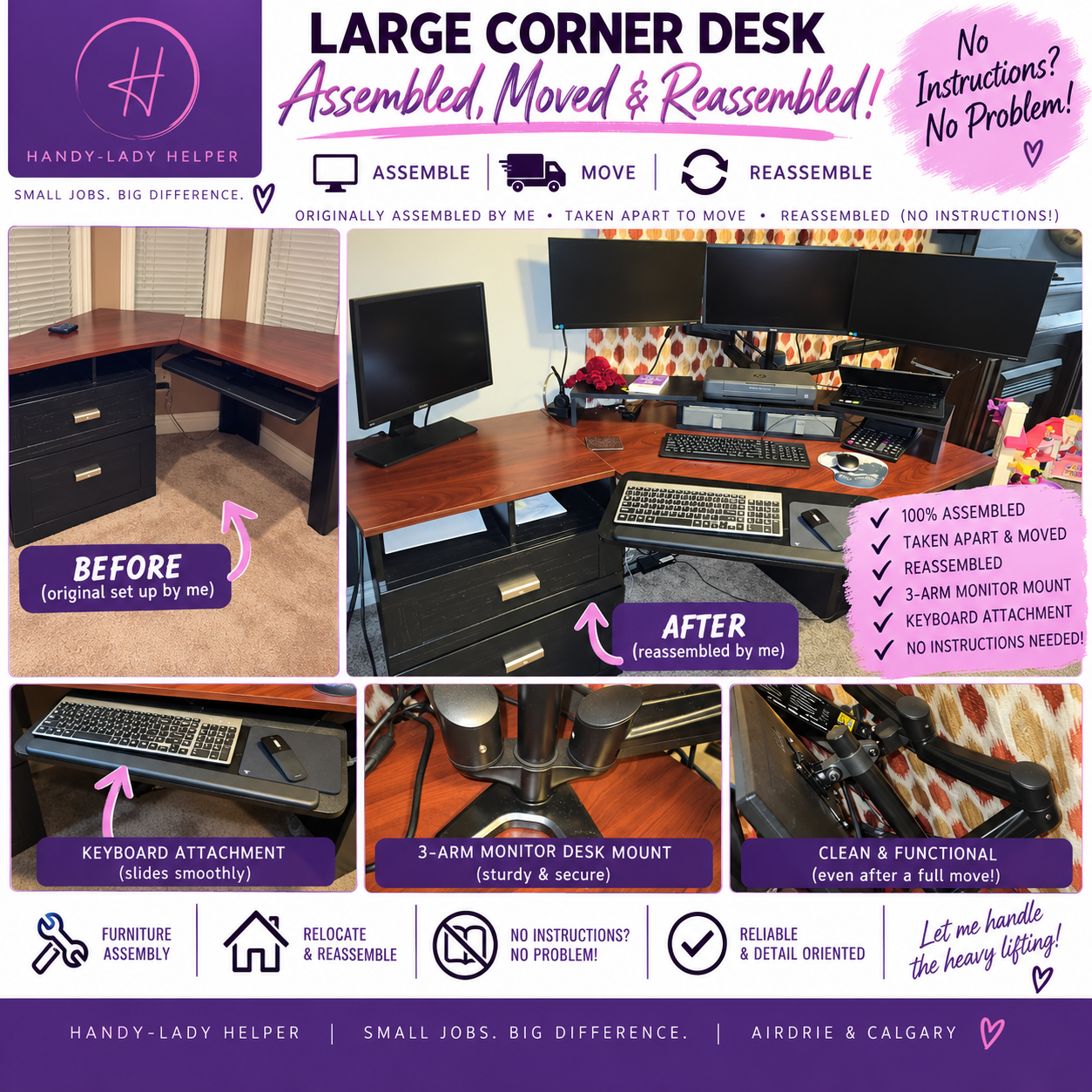 Corner desk assembly by Handy-Lady Helper