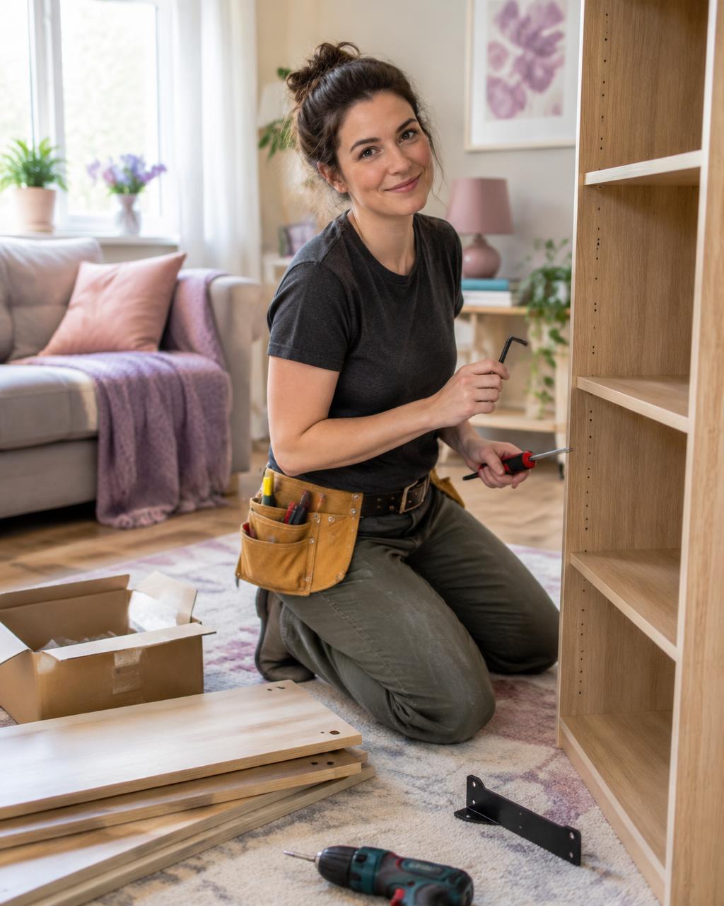 Illustration of a handyman assembling a wooden bookshelf in a living room