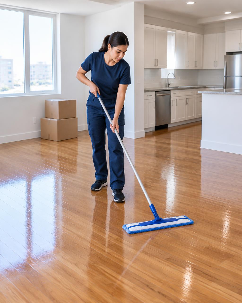 Illustration of a cleaner mopping the floor of an empty apartment with moving boxes nearby