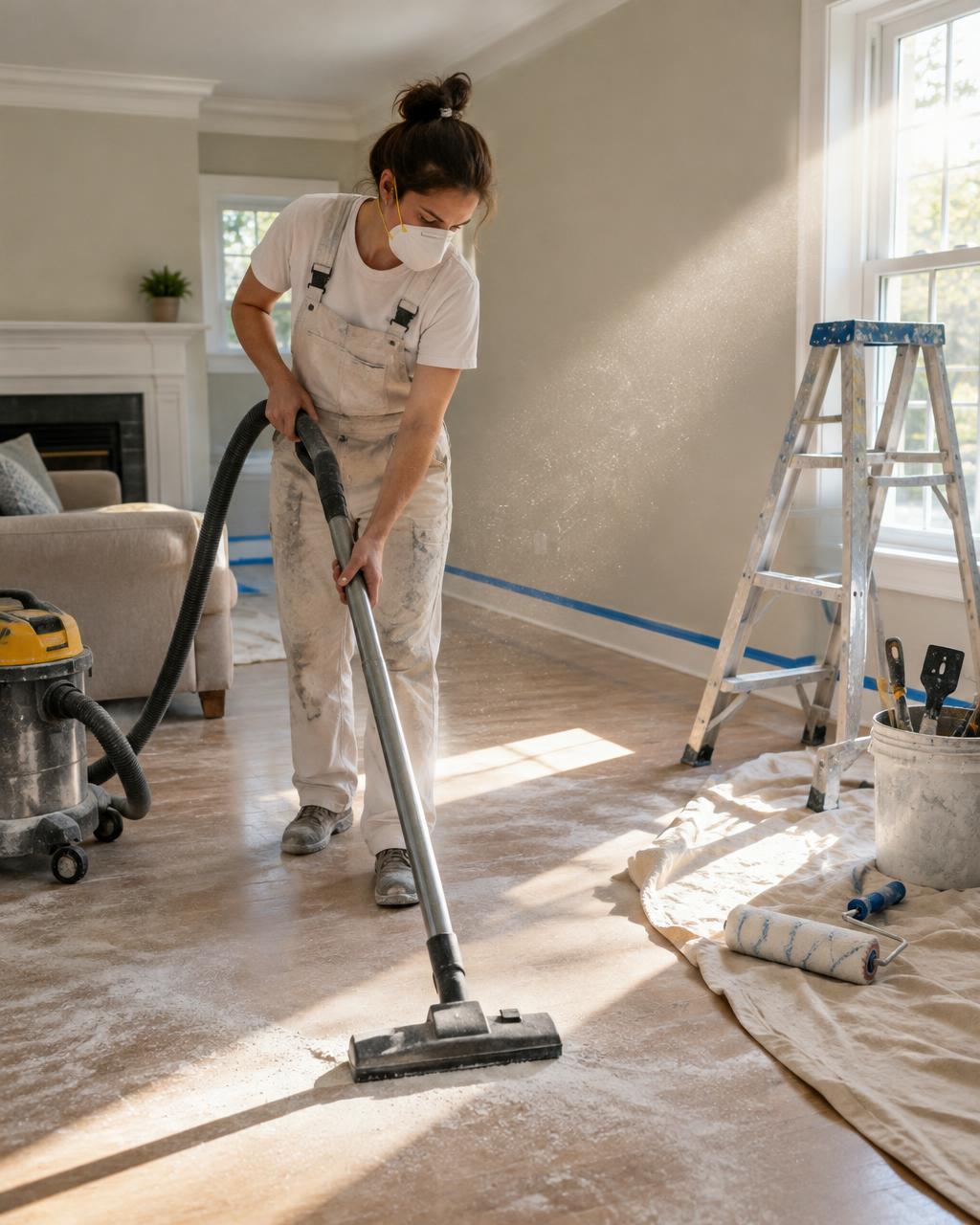 Illustration of a cleaner vacuuming renovation dust from a freshly painted room